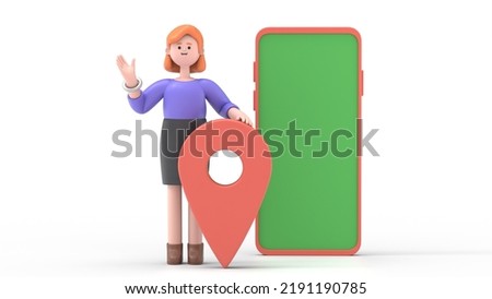 Green Screen Mock-up. Format 16:9.3D illustration of smiling businesswoman Ellen on smartphone on Green Screen for footage and clipping path.
