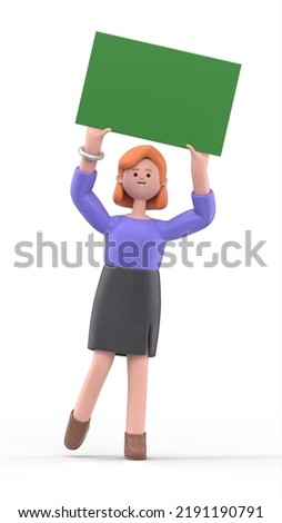 Green Screen Mock-up. Format 16:9.3D illustration of a smiling businesswoman Ellen holding green blank board on Green Screen for footage and clipping path.
