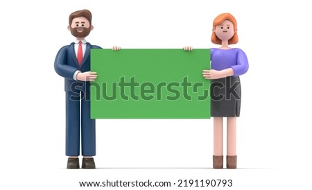 Green Screen Mock-up. Format 16:9.3D illustration of cartoon characters holding an empty green placard for insert a conceptconceptual image on Green Screen for footage and clipping path.
