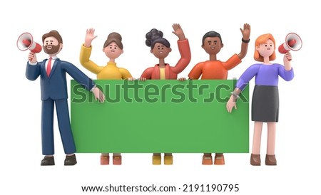 Green Screen Mock-up. Format 16:9.3D illustration of cartoon characters stand holding together green blank banner, waving hands on Green Screen for footage and clipping path.
