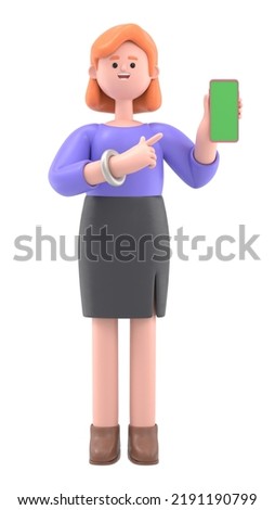 Green Screen Mock-up. Format 16:9.3D illustration of a smiling businesswoman Ellen holding smartphone and showing blank screen on Green Screen for footage and clipping path.
