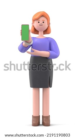 Green Screen Mock-up. Format 16:9.3D illustration of smiling businesswoman Ellen holding smartphone and showing blank screen on Green Screen for footage and clipping path.
