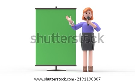 Green Screen Mock-up. Format 16:9.3D illustration of smiling businesswoman Ellen with Blank Board as Presentation of Information on Green Screen for footage and clipping path.
