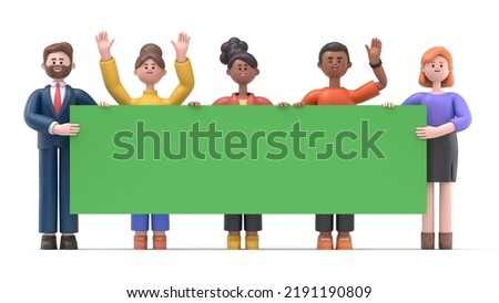 Green Screen Mock-up. Format 16:9.3D illustration of  Cartoon characters holding an empty green placard for insert a concept.conceptual image on Green Screen for footage and clipping path.

