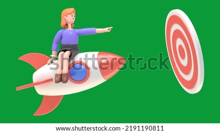 Green Screen Mock-up. Format 16:9.3D illustration of smiling businesswoman Ellen flying forward with a rocket engine to big target on Green Screen for footage and clipping path.
