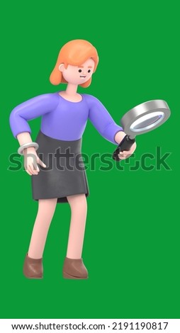 Green Screen Mock-up. Format 16:9.3D illustration of smiling businesswoman Ellen looking through a magnifying glass and searching for information on Green Screen for footage and clipping path.
