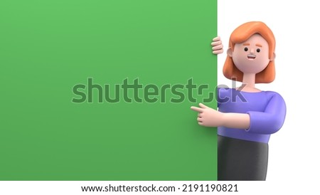Green Screen Mock-up. Format 16:9.3D illustration of smiling businesswoman Ellen pointing finger at blank presentation or information board on Green Screen for footage and clipping path.

