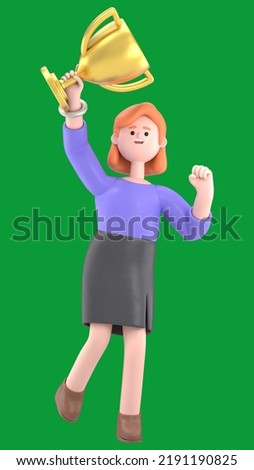 Green Screen Mock-up. Format 16:9.3D illustration of smiling businesswoman Ellen holds golden winner cup, awarded with prize, win award on Green Screen for footage and clipping path.

