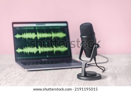 Номе recording studio. Microphone and wave form on laptop screen