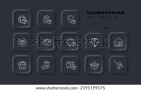 Delivery set icon. Shipping, deliver parcels, box, planet, consignment note, stock, storage, shield, protection, hands, calendar. Logistics concept. Neomorphism style. Vector line icon for Business.