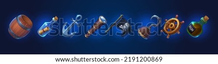 Pirate game icons, cartoon flag with jolly roger skull, spyglass, anchor, message in glass bottle, rum flask, steering wheel and wooden barrel isolated user interface elements, Vector illustration Royalty-Free Stock Photo #2191200869