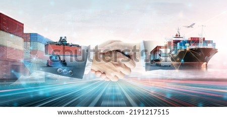 Business and Technology Digital Future of Partnership Transport Concept, Double Exposure Polygon Wireframe Handshake and Container Cargo Freight Ship, Truck, Modern Futuristic Import Export Background