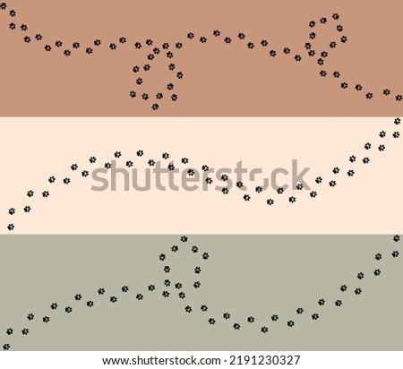 Set of seamless texture of paw vector foot trail print of cat. Paw dog, puppy, cat print, animal. Vector illustration, isolated on colored background. Footprints in a circle. Wallpaper background.
