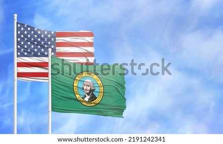 Waving American flag and flag of State of Washington.