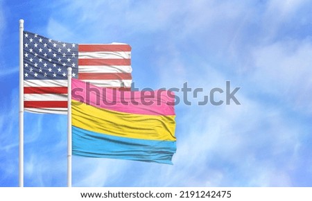 Waving American flag and flag of Pansexuality Pride.