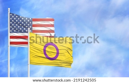 Waving American flag and flag of .Intersex pride