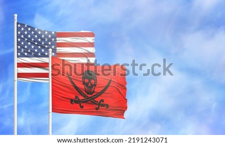 Waving American flag and flag of Jolly Roger Pirates red.