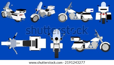 Illustration vector graphic cute cartoon kawai of emergency motorcycle police with blue screen background. View from the side, front, back, right, left, iso, top.