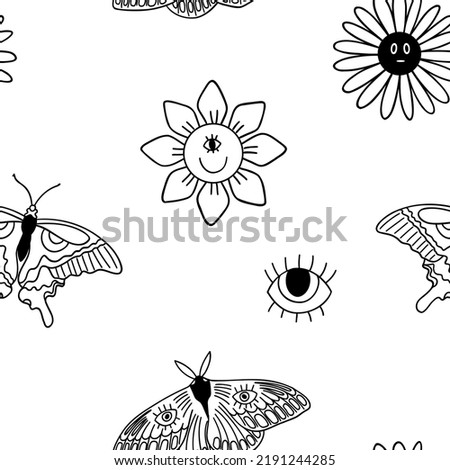 Illustration of a seamless pattern in the style of the seventies. Groovy and trippy elements. Black outline on a white background. Universal use.