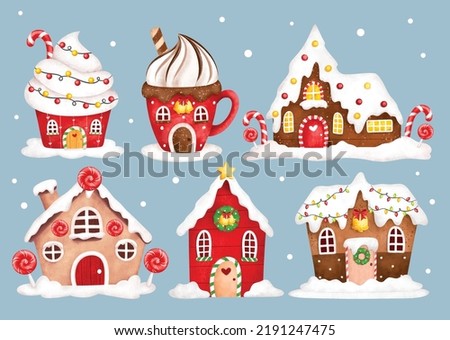 Watercolor Illustration set of Cute Christmas gingerbread house  Royalty-Free Stock Photo #2191247475