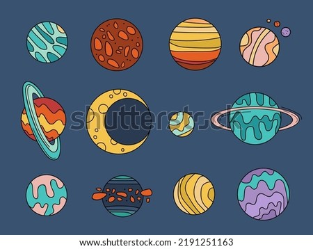 Illustration set of stickers with planets in 70s style. Space bodies, planets, jupiter, earth, saturn, mars, venus, moon, stars. Isolated objects on a plain background.