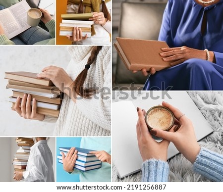 Collage of women with books and cups of coffee
