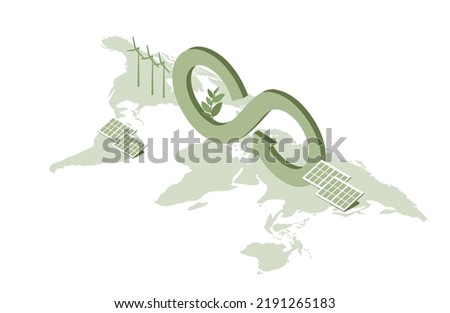 Circular economy concept, global with circular economy icon, wind turbines and solar panel. Sustainable strategy of eliminate waste, renewable and reuse natural resources vector illustration