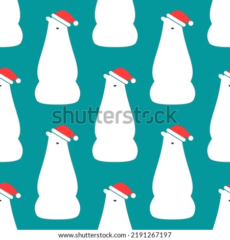 White cartoon polar bear  with Santa Claus hat seamless pattern. vector flat ornamen on blue background. north winter new year print. Christmas yoga bear wallpaper. 