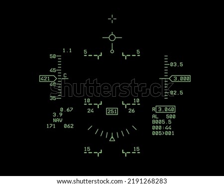 Vector illustration of modern F-16 supersonic fighter jet pilot interface on isolated background. An asset for a game about airplanes. Royalty-Free Stock Photo #2191268283