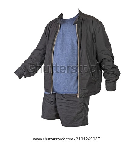 mens black jacket,navy t-shirt and sports black shorts isolated on white background. fashionable casual wear