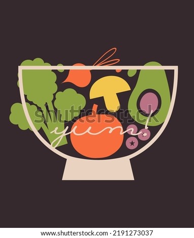 Vector illustration of bowl with vegetables, berries, text "Yum!". Clip art with broccoli, avocado, tomato, radish, blueberry, pea in flat style for vegetarian cafe, restaurant menu. Vegan concept.