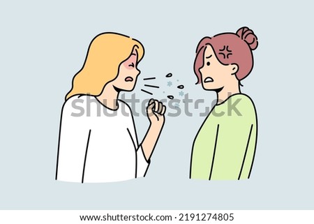 Unhealthy woman cough share disease to friend or colleague. Sick unwell female suffer from covid or cold infect girl standing near. Contagious sickness. Vector illustration.  Royalty-Free Stock Photo #2191274805