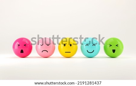 Set of emoji emoticons with sad and happy mood, evaluation, Increase rating, Customer experience, Satisfaction and best excellent services rating concept, Customer service evaluation. 3d render. Royalty-Free Stock Photo #2191281437