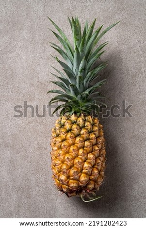 Top view of fresh pineapple with tropical monstera leaves on gray background.