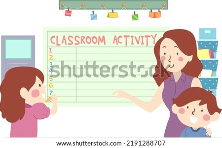 Illustration of Kids and a Girl Teacher Writing and Posting on a Classroom Activity Board