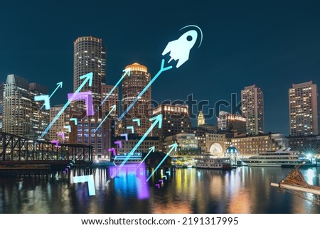 City view panorama of Boston Harbour and Seaport Blvd at night time, Massachusetts. Building exteriors of financial downtown. Startup company, launch project to seek and develop scalable business