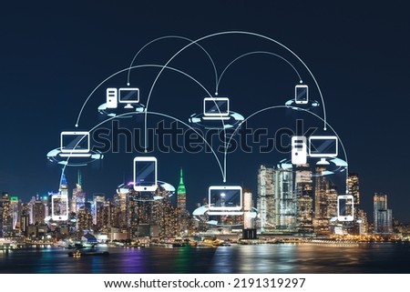 New York City skyline from New Jersey over the Hudson River with Hudson Yards at night. Manhattan, Midtown. Social media hologram. Concept of networking and establishing new people connections
