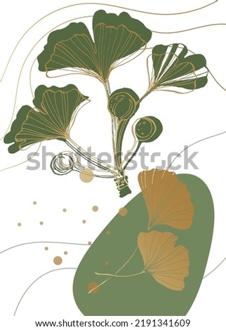 Set of Abstract ginkgo Hand Painted Illustrations for Wall Decoration, minimalist flower in sketch style. Postcard, Social Media Banner, Brochure Cover Design Background. Modern Abstract art Artwork