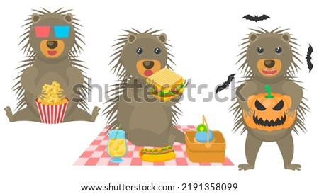 Set Abstract Collection Flat Cartoon Different Animal Porcupine Watching A Movie With Popcorn, With A Pumpkin And Bats Around, Eating A Sandwich On A Picnic Vector Style Elements Fauna Wildlife