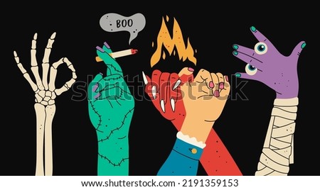 Skeleton hand shows ok sign. Zombie hand with cigarette. Deal with red demon. Mummy hand with eyes and bandage. Hand drawn modern Vector illustration. Halloween concept. All elements are isolated