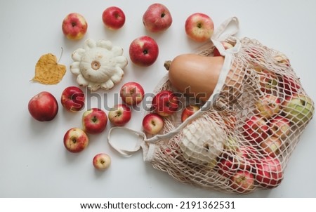 autumn harvest with sqush, pumpkin, red apples in a mesh shopping eco bag on a white background. zero waste, no plastic concept