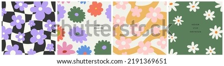 Trendy floral poster quote collection. Set of vintage 70s style flower background illustration. Colorful pastel color groovy artwork bundle, y2k nature backgrounds with spring plants.