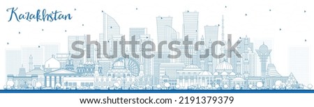 Outline Kazakhstan City Skyline with Blue Buildings. Vector Illustration. Concept with Modern Architecture. Kazakhstan Cityscape with Landmarks. Nur-Sultan and Almaty. Royalty-Free Stock Photo #2191379379