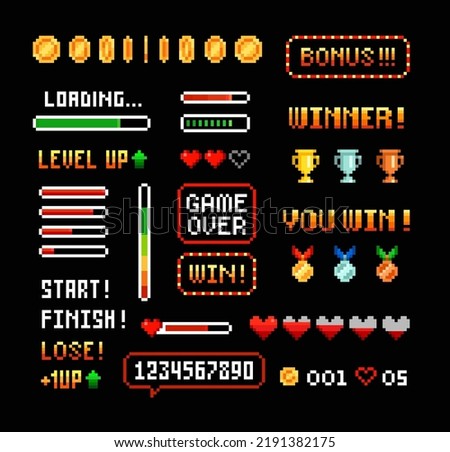 Vector Pixel Art 8-bit winner trophy cups and medals with loading bar set for retro arcade game design. Pixel gold coins, icons and signs. Retro video game interface elements in 80s - 90s style Royalty-Free Stock Photo #2191382175