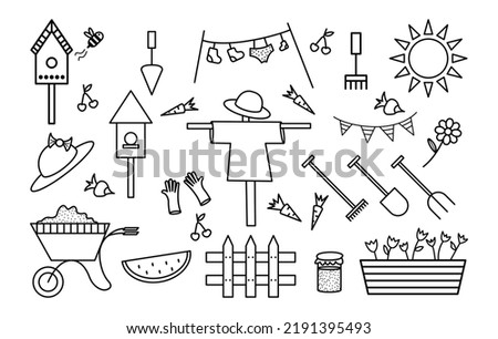 Outline of garden equipment: wheelbarrow, shovel, scarecrow, gloves, fence, rake, flowers, flowerbed, sun, vegetables. Vector backgrounds with gardening tools in doodle style.