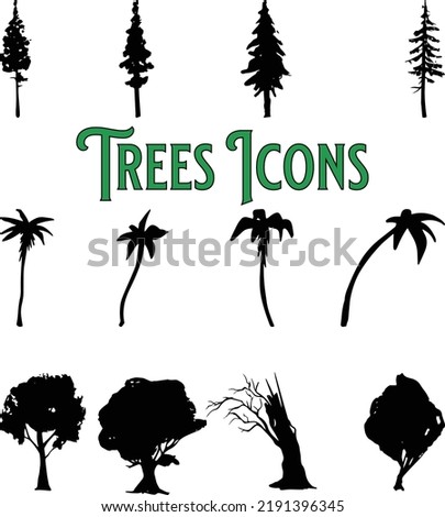 Black trees set isolated on white background. Palm silhouettes. Design of trees for posters, banners and promotional items. Vector illustration