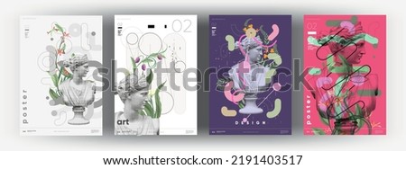 Art posters for the exhibition. A set of vector illustrations. Sculpture and plants. Painting in a modern style with classical elements. Royalty-Free Stock Photo #2191403517