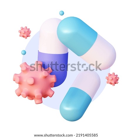 3d icon Pills with flying viruses and microbes. The concept of medicament treatment of various diseases. 3d rendering 