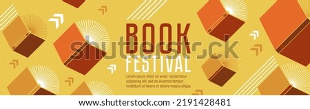 Background with books for library. Open books flying with arrows. Vector minimalism background with textures. Design template for a library, education theme. Concept of striving for success.