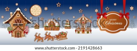 christmas banner with gingerbread landscape. christmas background with gingerbread house, santa sleigh and carousel